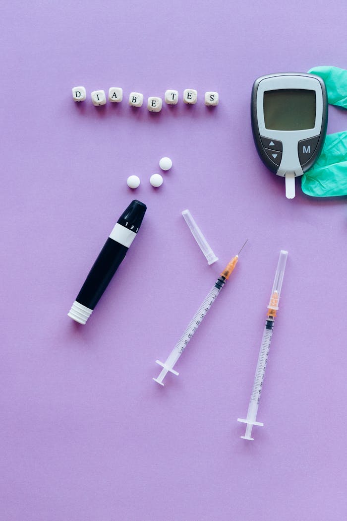 engagement-photography-03 Medical supplies for diabetes management on a purple background.